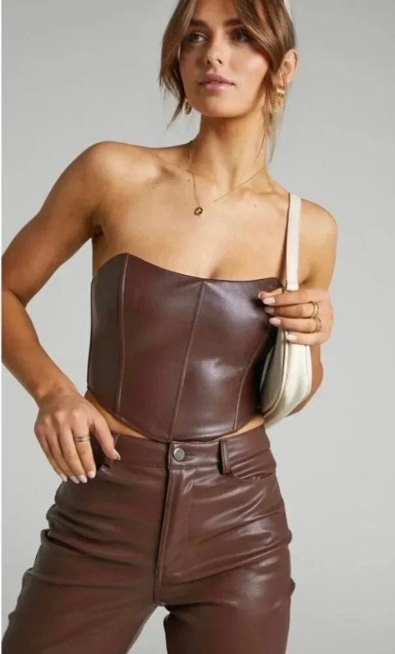 Showpo Lorrin Faux Leather Crop Corset Top Chocolate Brown Womens Size US 6